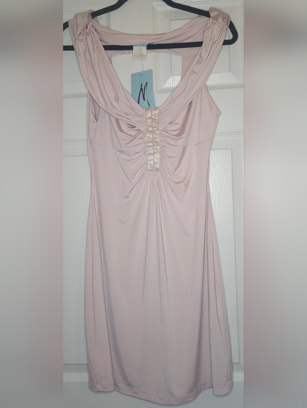 NWT. Marciano Pale Pink Ruched Neck Sleeveless Dress. Size L.